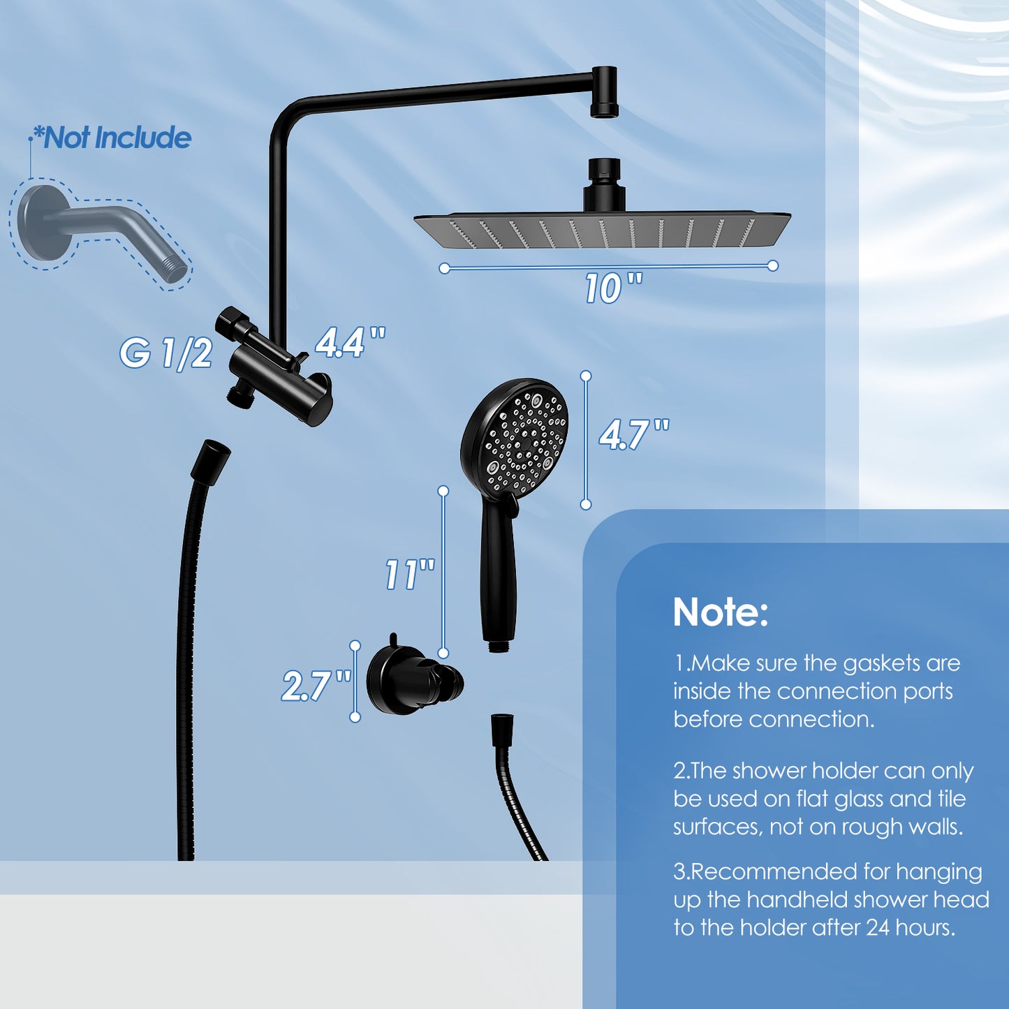 Alesco Shower Heads with Handheld Spray Combo, 12" Extend Shower Arm with 3-Way Diverter Valve, High-Pressure Shower Head and 7-Setting Handheld Shower Head, Dual Shower Heads, Matte Black