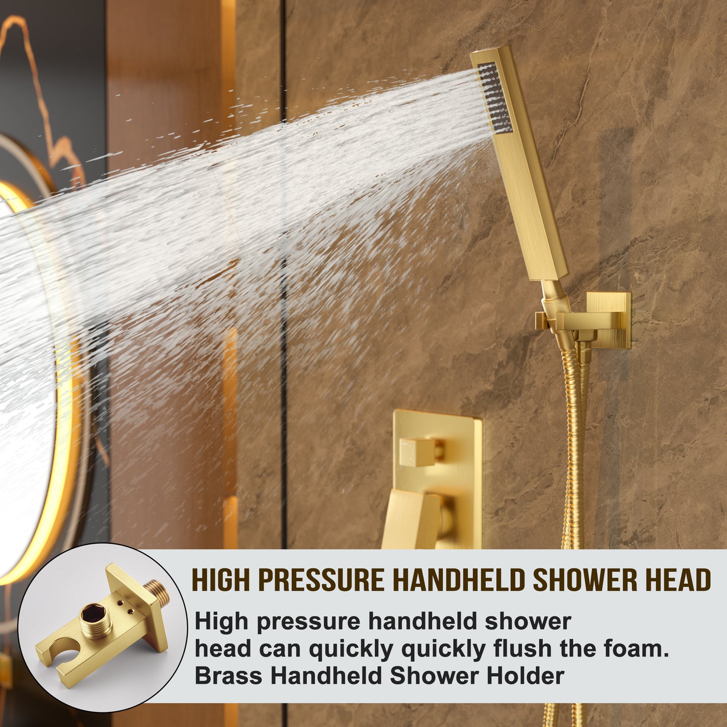 Alesco Brushed Gold Shower System, Shower Faucet Set Complete with 10-Inch Rainfall Shower Head and High Pressure handheld spray, shower faucet Included Shower valve and trim kit, Brushed Gold